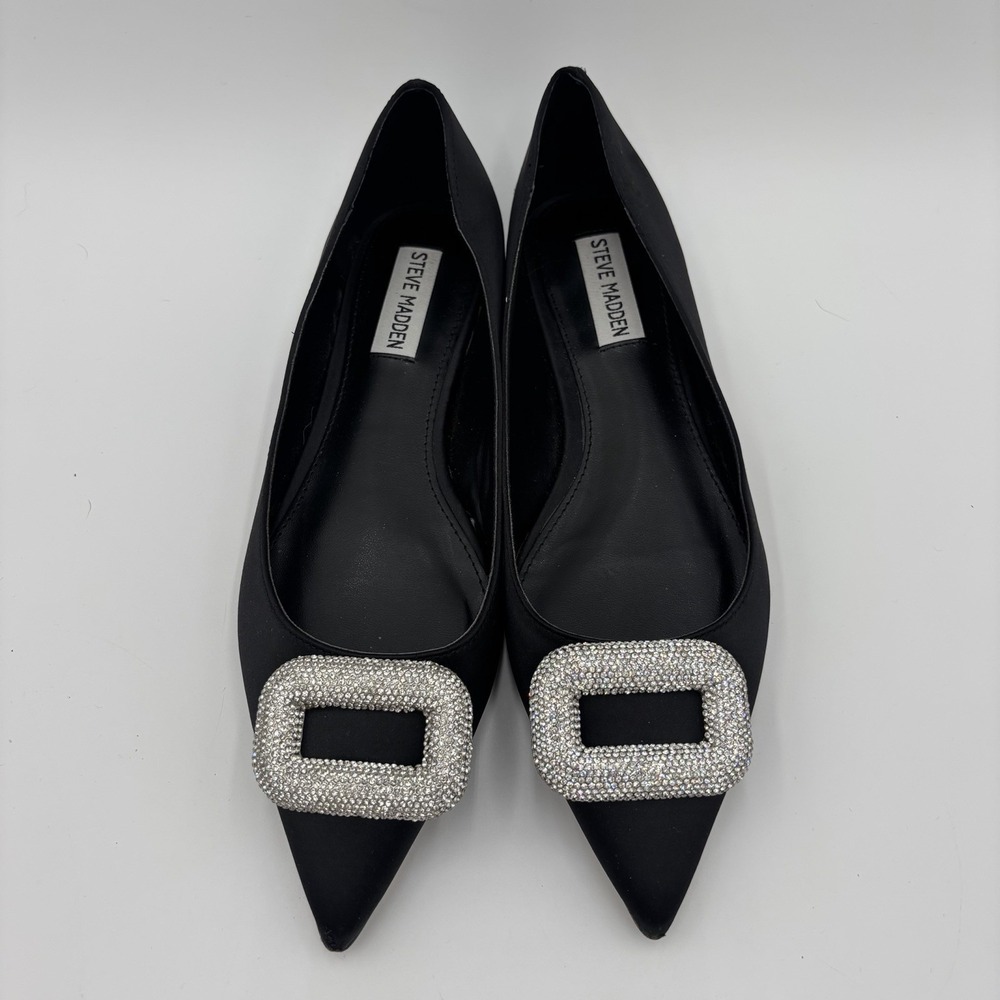 Steve Madden Tink Black Satin Flats Women Size 8 Pointed Toe Buckle Accent Work